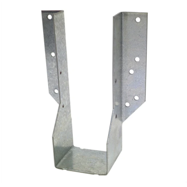 The Simpson Strong-Tie HU Galvanized Heavy Face-Mount Joist Hanger for 3x8 lumber has two vertical flanges, multiple screw holes, and a galvanized finish for durability and rust resistance. Its U-shaped base offers load-rated support for wooden beams or structures in masonry and concrete.